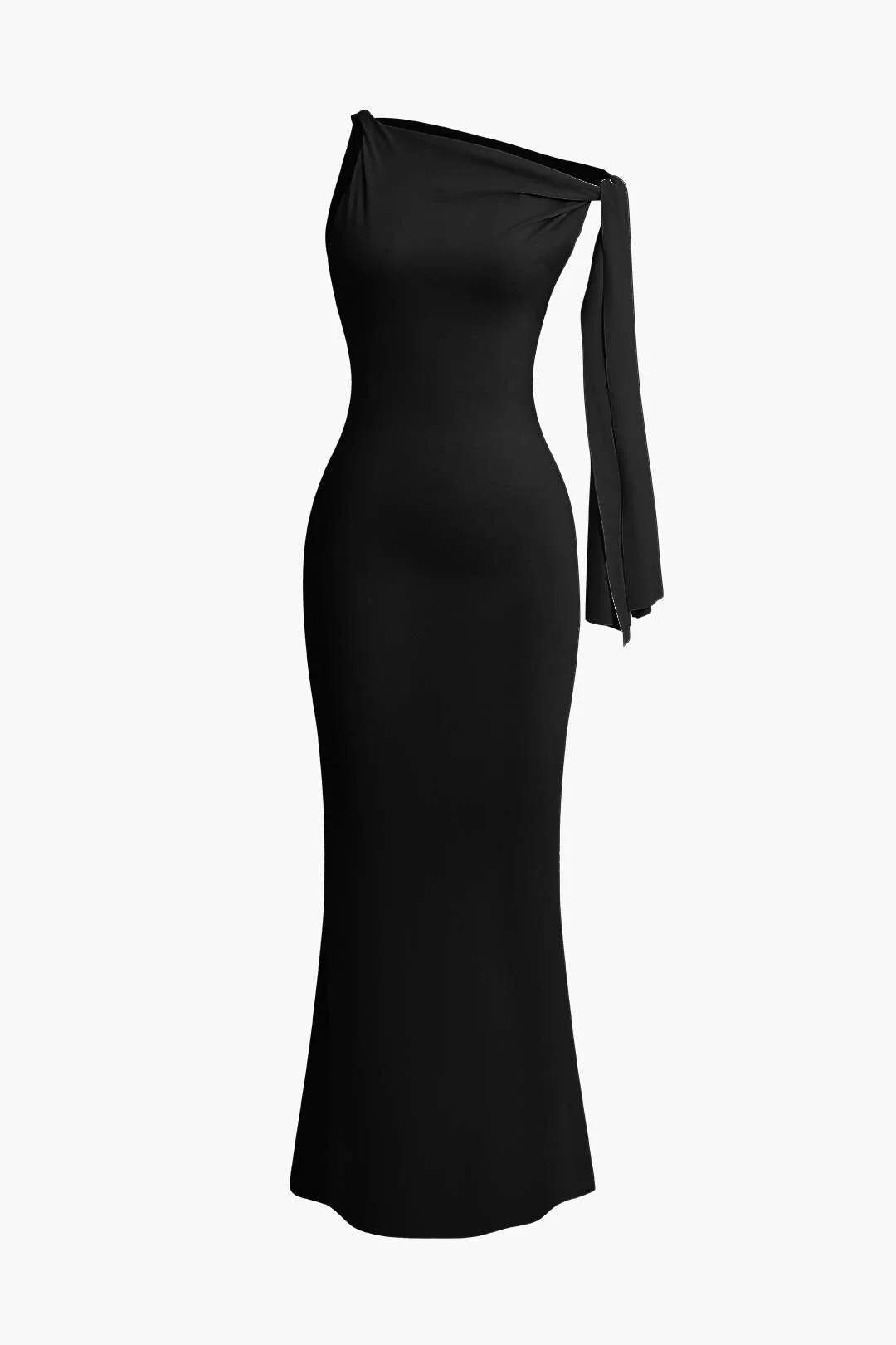 Emily one-shoulder shoulder-tie midi dress with a sculpted waist and hips, draped bow detail at the shoulder and ankle-grazing hem. Soft stretch fabric (95% polyester, 5% elastane) creates a smooth, elongated silhouette for formal evenings and weddings.