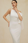 Emily one-shoulder shoulder-tie midi dress with a sculpted waist and hips, draped bow detail at the shoulder and ankle-grazing hem. Soft stretch fabric (95% polyester, 5% elastane) creates a smooth, elongated silhouette for formal evenings and weddings.