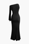 Emily one-shoulder shoulder-tie midi dress with a sculpted waist and hips, draped bow detail at the shoulder and ankle-grazing hem. Soft stretch fabric (95% polyester, 5% elastane) creates a smooth, elongated silhouette for formal evenings and weddings.