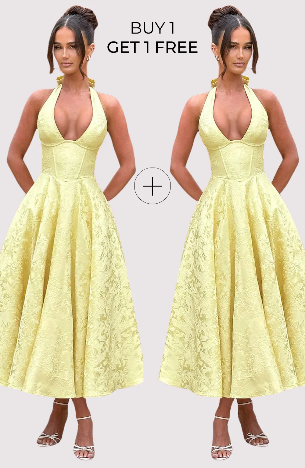 Esmeralda halter sleeveless midi dress featuring a deep V neckline, corset-inspired waist and full A-line skirt. Floral textured fabric adds shine and dimension; mid-calf length keeps movement graceful—perfect for weddings, parties and chic daylight events.