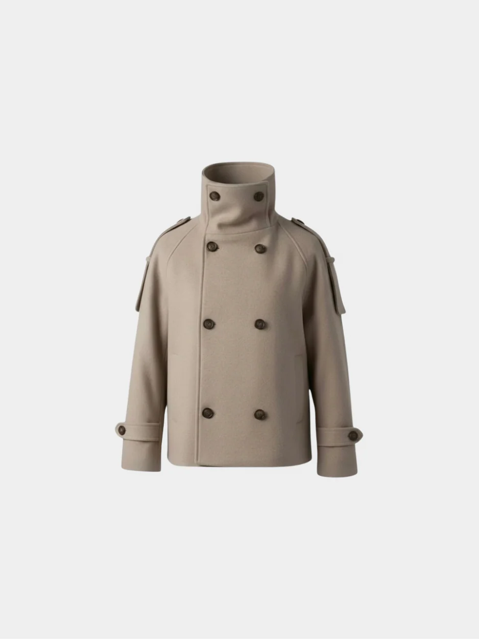 Evie high-neck wool-blend jacket featuring a structured tall collar, double-breasted button closure, adjustable cuffs and a slightly cropped silhouette. Soft, insulating fabric and clean lines for versatile layering with jeans, skirts or tailored trousers.