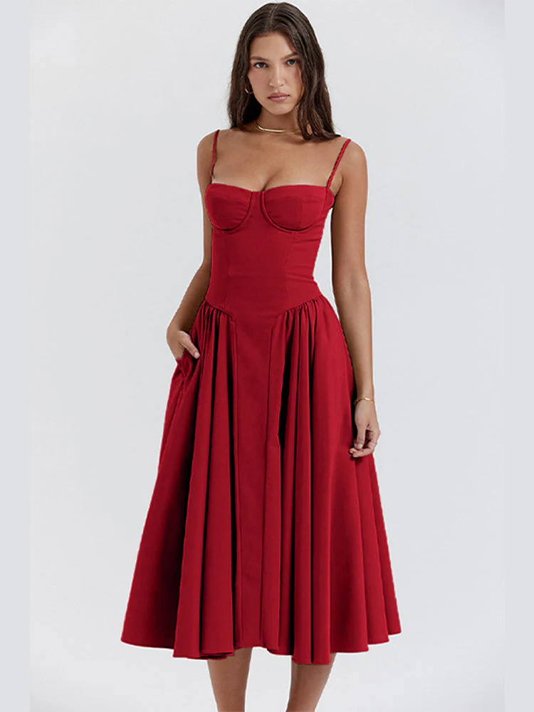 Women’s waist-shaper midi sundress with bustier cups, slender straps and a full, swingy skirt with side pockets. Contoured waist seam creates an hourglass effect; smooth, lightweight finish suits brunches, parties and summer evenings.