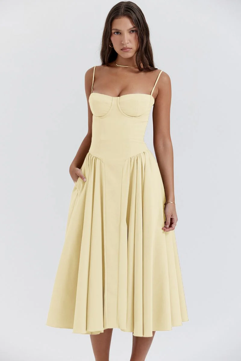 Women’s waist-shaper midi sundress with bustier cups, slender straps and a full, swingy skirt with side pockets. Contoured waist seam creates an hourglass effect; smooth, lightweight finish suits brunches, parties and summer evenings.
