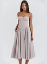 Women’s waist-shaper midi sundress with bustier cups, slender straps and a full, swingy skirt with side pockets. Contoured waist seam creates an hourglass effect; smooth, lightweight finish suits brunches, parties and summer evenings.