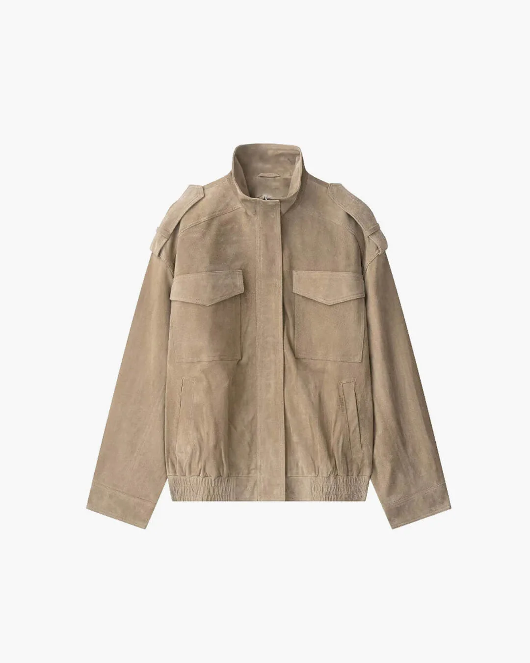Women’s cropped moto jacket in beige, made from suede-like fabric with a lapel collar, shoulder epaulets and large front pockets. Softly structured silhouette layers over knits or tees, adding a refined, vintage-utility touch for cool-weather styling.