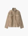 Women’s cropped moto jacket in beige, made from suede-like fabric with a lapel collar, shoulder epaulets and large front pockets. Softly structured silhouette layers over knits or tees, adding a refined, vintage-utility touch for cool-weather styling.