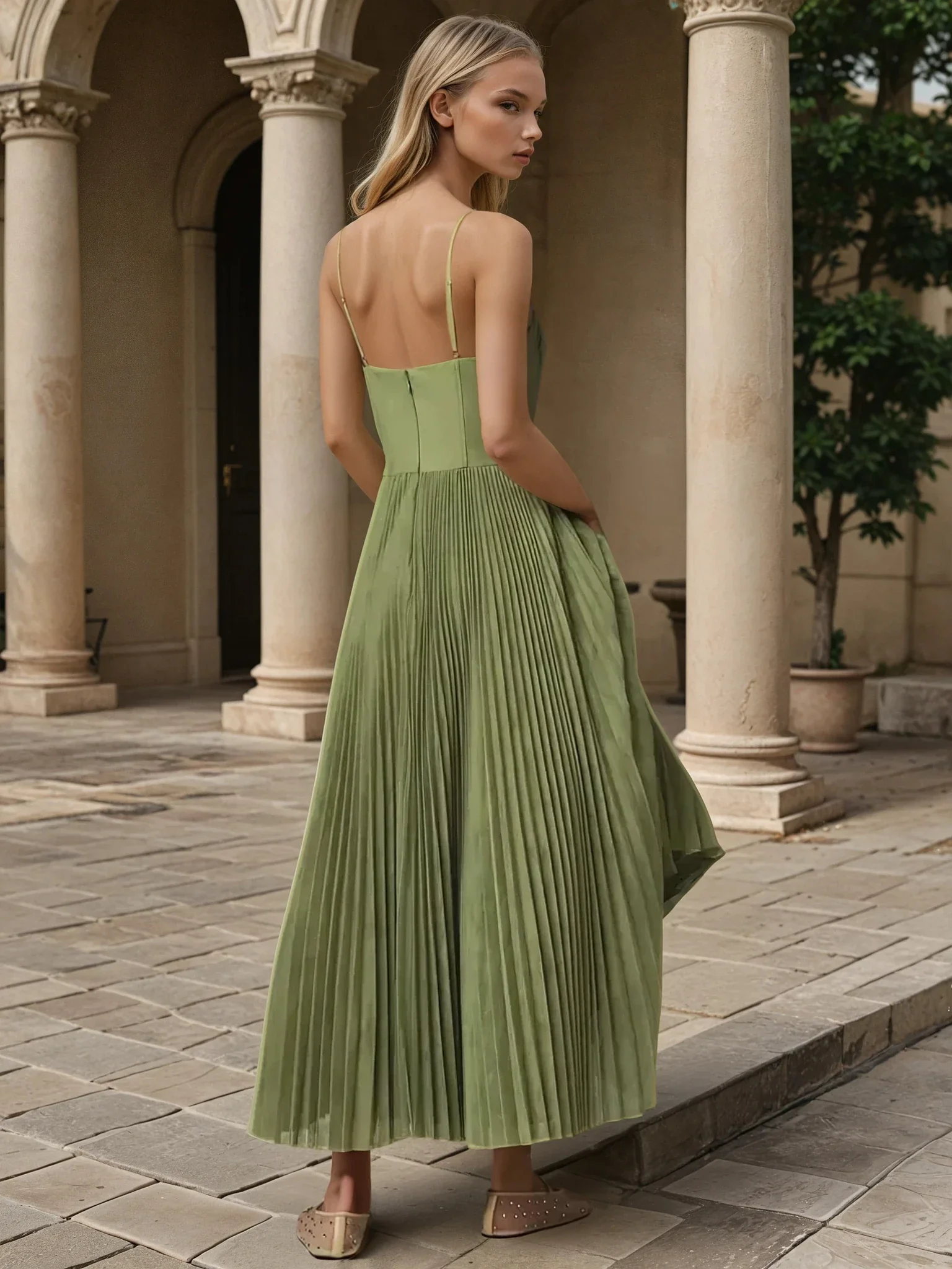 Women’s bustier sleeveless midi dress with a sweetheart neckline, contoured cups, tulle overlay, and an all-over pleated fit-and-flare skirt. Elegant, versatile piece for chic occasions, styled with heels or flats for polished looks.