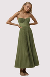 Women’s bustier sleeveless midi dress with a sweetheart neckline, contoured cups, tulle overlay, and an all-over pleated fit-and-flare skirt. Elegant, versatile piece for chic occasions, styled with heels or flats for polished looks.