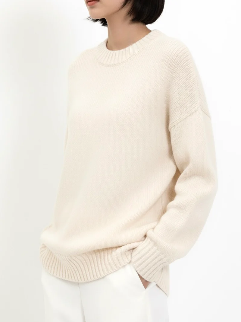 Hazel Beige Wool-Blend Oversized Knit Sweater with relaxed silhouette, soft wool blend and warm beige tone. Features slightly dropped shoulders plus ribbed cuffs and hem. Effortless layering over jeans, tailoring or dresses for refined cold-season style.