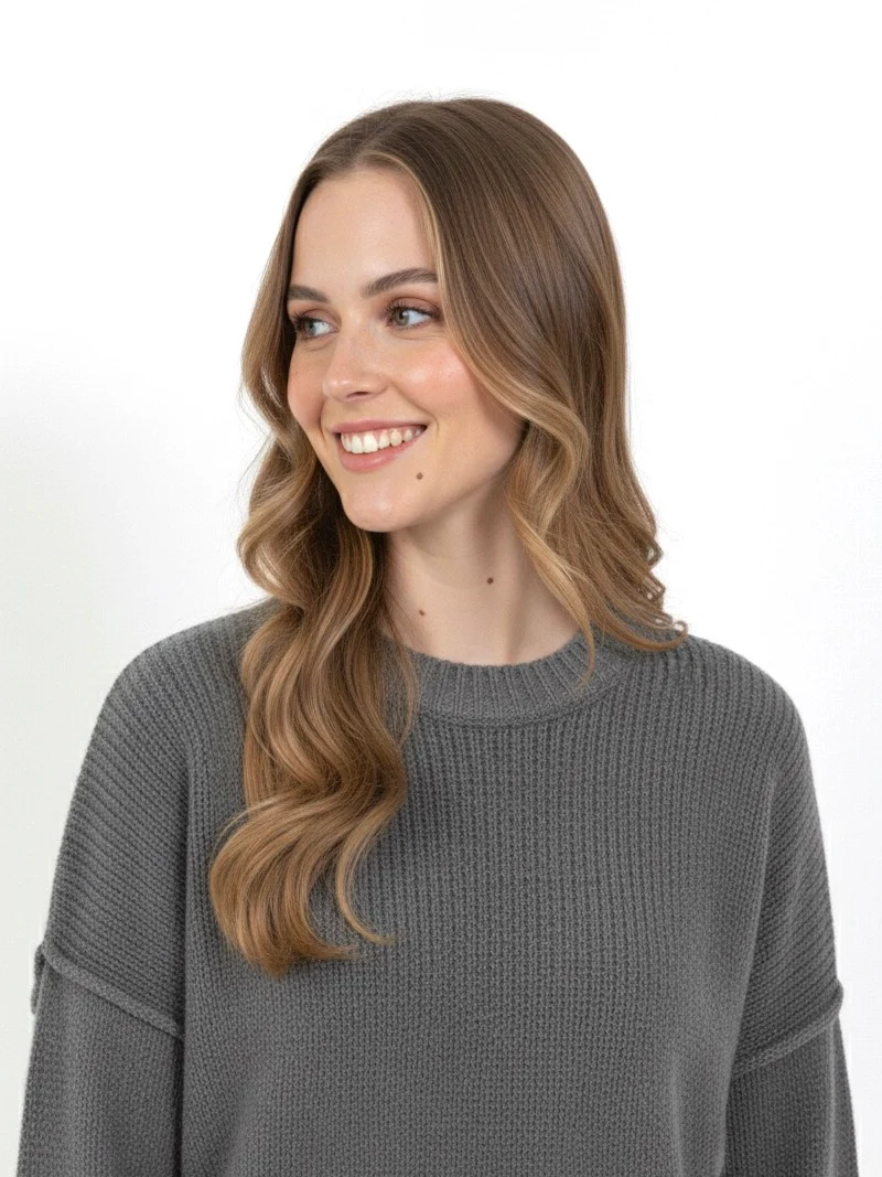 Hazel Beige Wool-Blend Oversized Knit Sweater with relaxed silhouette, soft wool blend and warm beige tone. Features slightly dropped shoulders plus ribbed cuffs and hem. Effortless layering over jeans, tailoring or dresses for refined cold-season style.