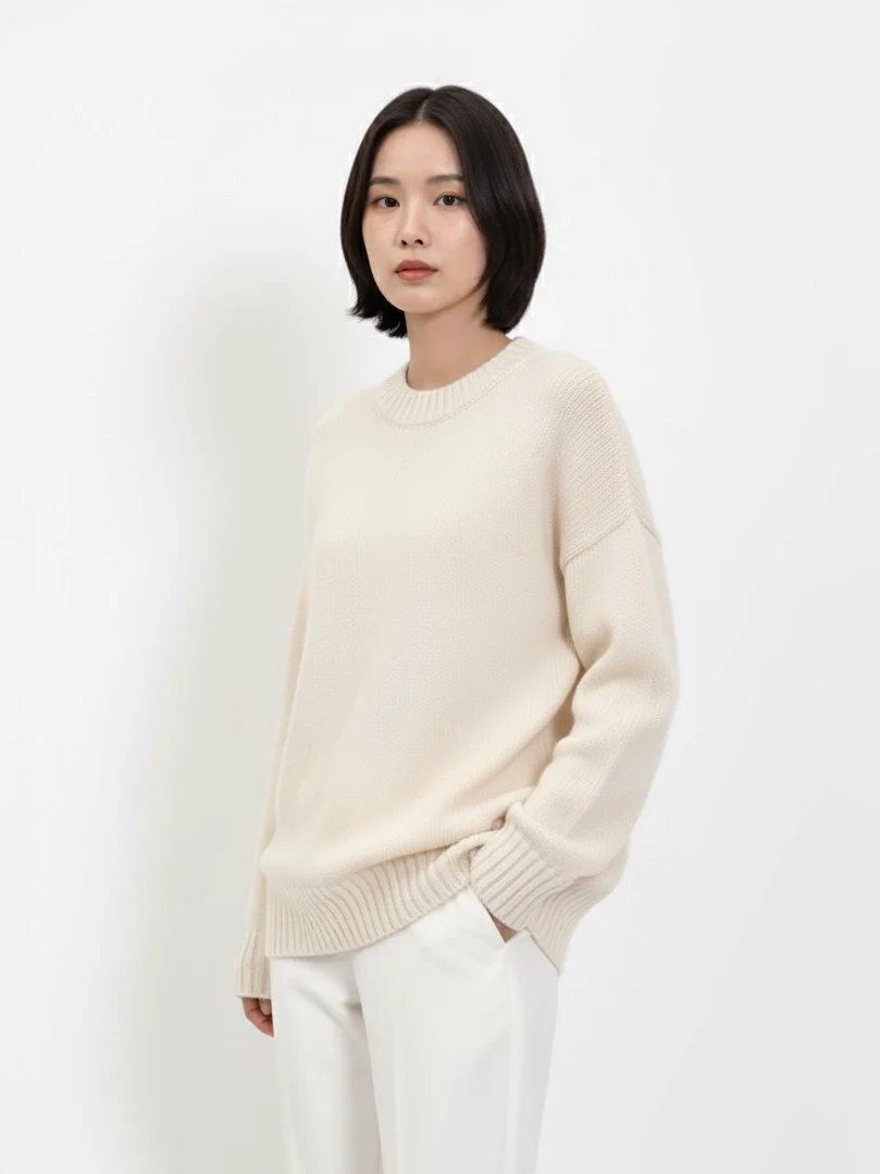 Hazel Beige Wool-Blend Oversized Knit Sweater with relaxed silhouette, soft wool blend and warm beige tone. Features slightly dropped shoulders plus ribbed cuffs and hem. Effortless layering over jeans, tailoring or dresses for refined cold-season style.