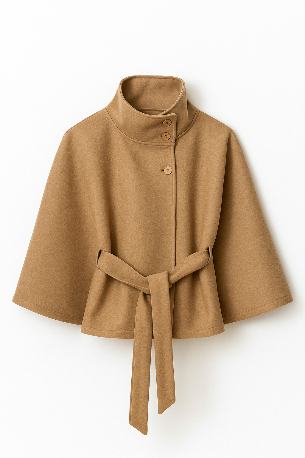 High-neck belted cape jacket in camel wool blend with buttoned collar, cape silhouette and waist-defining tie belt. Soft, warm and comfortable layering piece for autumn and winter, styled over knits or dresses for timeless elegance.