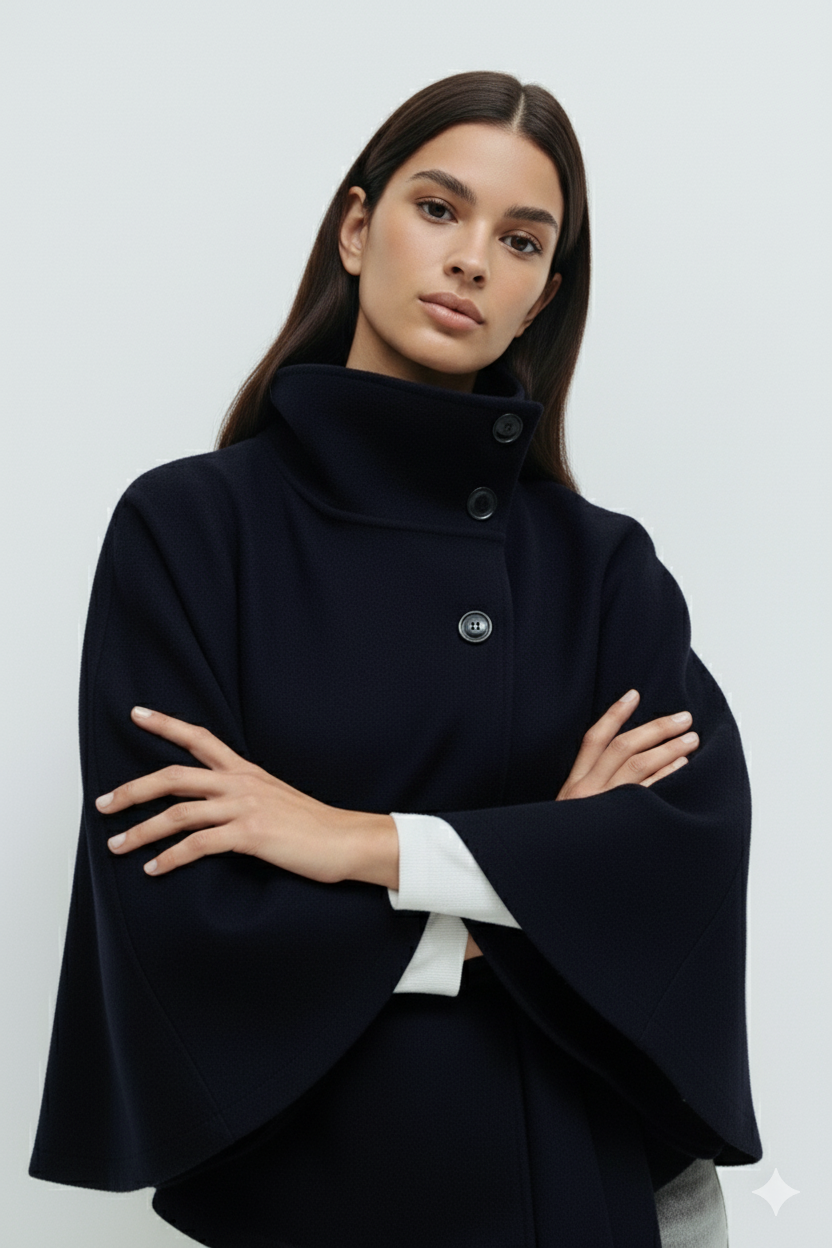 High-neck belted cape jacket in camel wool blend with buttoned collar, cape silhouette and waist-defining tie belt. Soft, warm and comfortable layering piece for autumn and winter, styled over knits or dresses for timeless elegance.