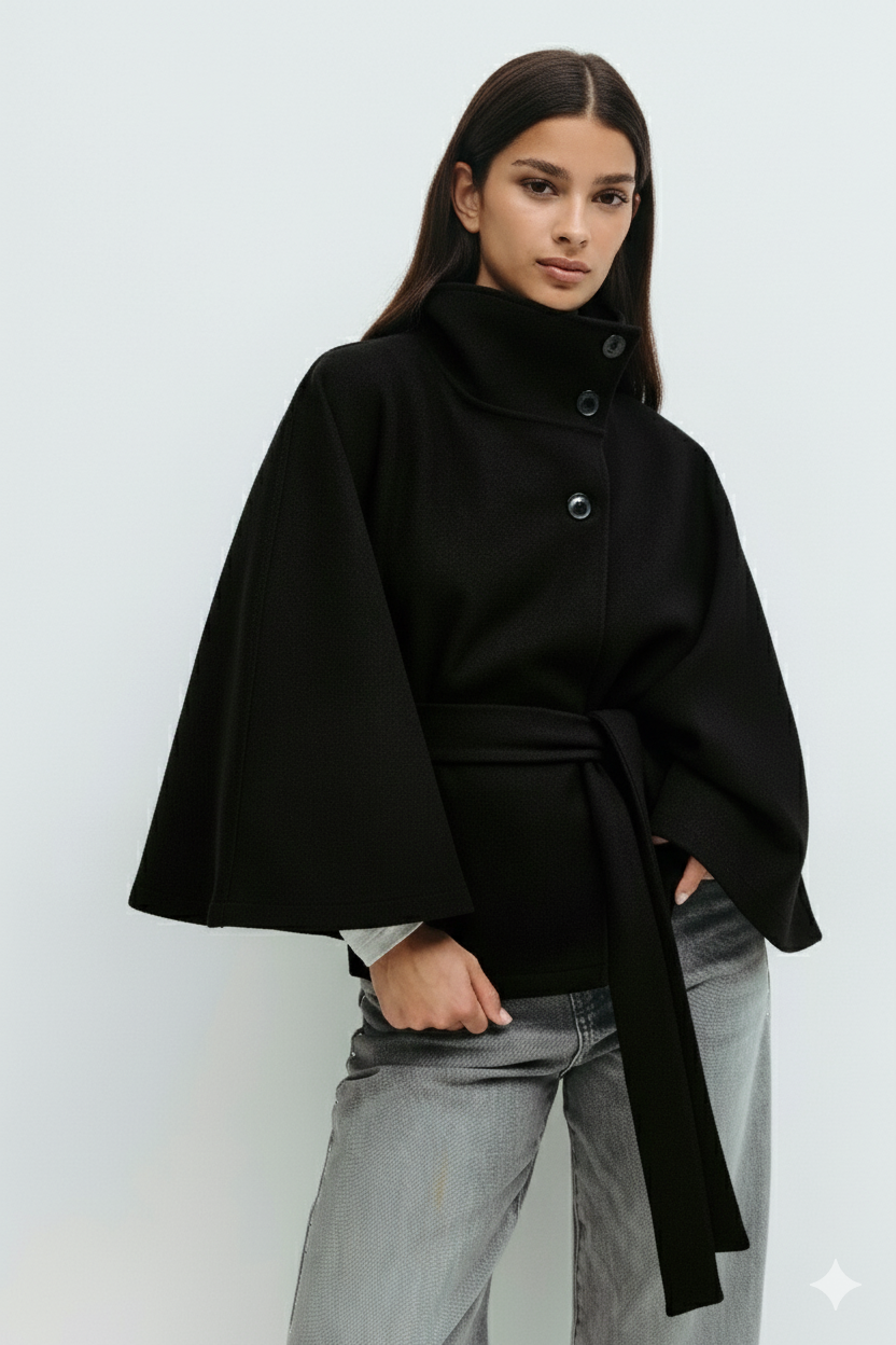 High-neck belted cape jacket in camel wool blend with buttoned collar, cape silhouette and waist-defining tie belt. Soft, warm and comfortable layering piece for autumn and winter, styled over knits or dresses for timeless elegance.