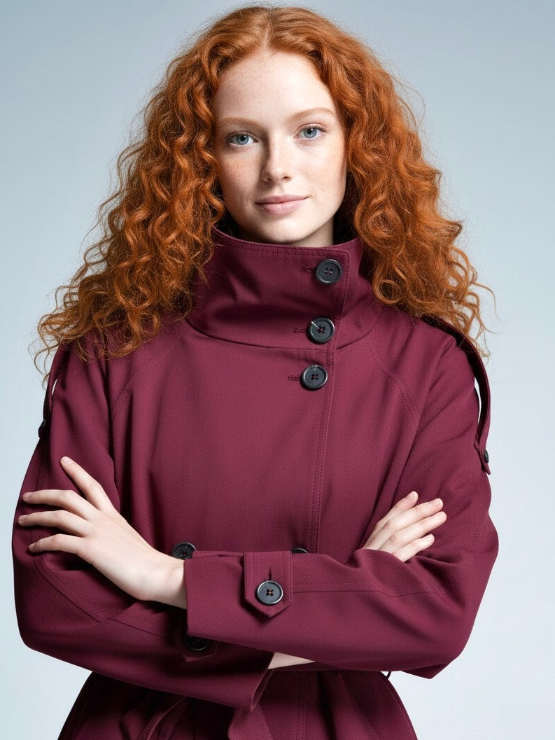 Cath cropped trench coat in a premium cotton-blend fabric with high neck, double-breasted closure, epaulettes, adjustable cuffs and waist-defining belt. Versatile autumn layer to pair with jeans, skirts or tailored trousers.