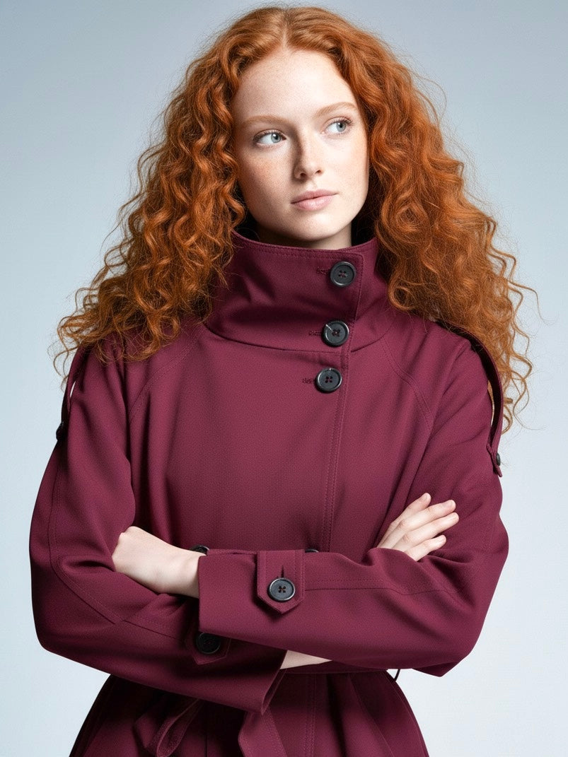 Cath cropped trench coat in a premium cotton-blend fabric with high neck, double-breasted closure, epaulettes, adjustable cuffs and waist-defining belt. Versatile autumn layer to pair with jeans, skirts or tailored trousers.