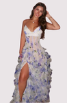 Jackie Floral Maxi Dress with adjustable spaghetti straps, softly shaped bodice and flowing ruffle layers. Lightweight, sheer fabric and a refined side slit create romantic movement; finished with a concealed zip for a clean, polished look.