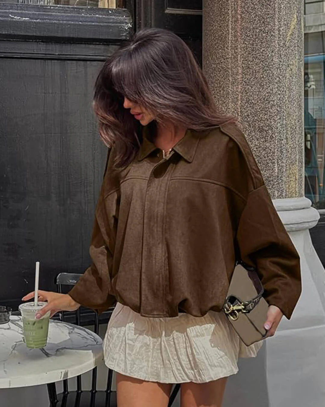 Faux suede bomber jacket in olive green featuring a structured collar, hidden front fastening and relaxed, easy-to-layer silhouette; a versatile outer layer for autumn and spring, pairing with denim, knits or tailored trousers.