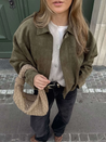 Faux suede bomber jacket in olive green featuring a structured collar, hidden front fastening and relaxed, easy-to-layer silhouette; a versatile outer layer for autumn and spring, pairing with denim, knits or tailored trousers.