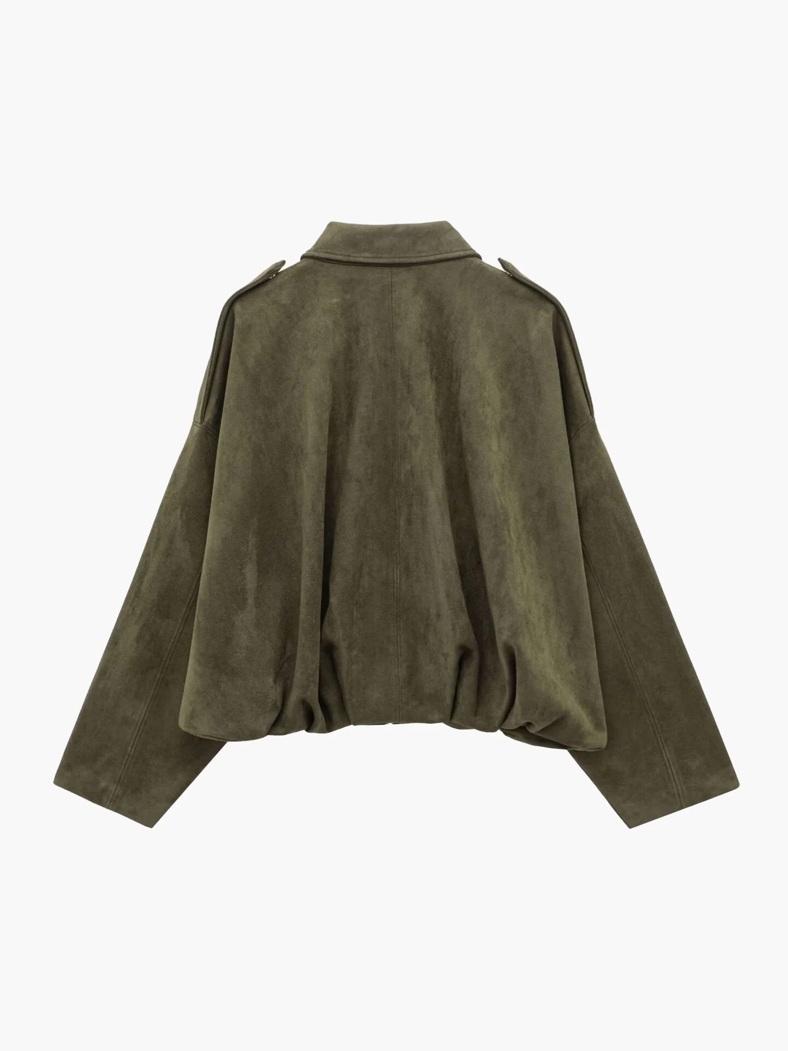 Faux suede bomber jacket in olive green featuring a structured collar, hidden front fastening and relaxed, easy-to-layer silhouette; a versatile outer layer for autumn and spring, pairing with denim, knits or tailored trousers.