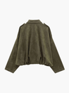 Faux suede bomber jacket in olive green featuring a structured collar, hidden front fastening and relaxed, easy-to-layer silhouette; a versatile outer layer for autumn and spring, pairing with denim, knits or tailored trousers.