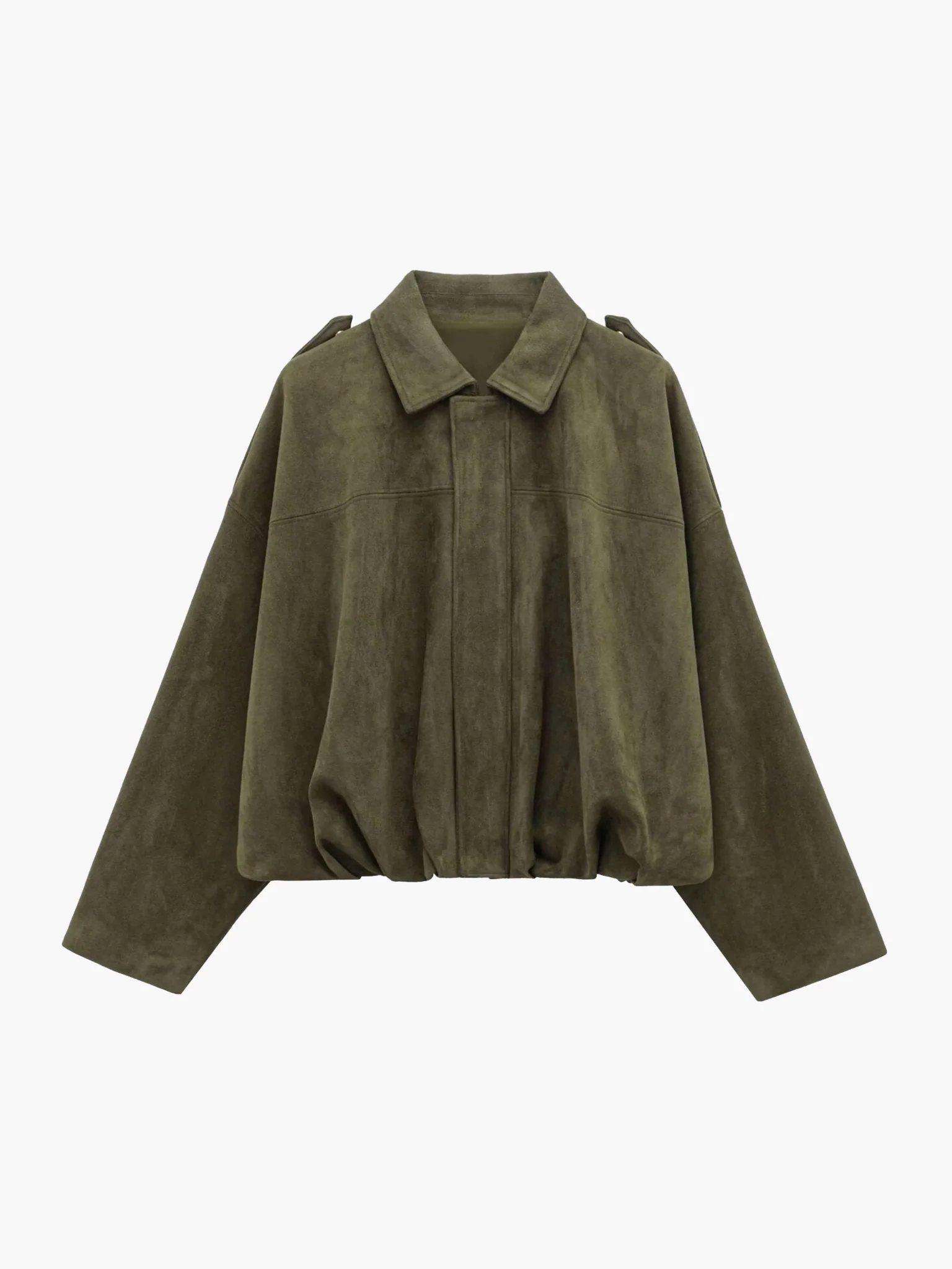 Faux suede bomber jacket in olive green featuring a structured collar, hidden front fastening and relaxed, easy-to-layer silhouette; a versatile outer layer for autumn and spring, pairing with denim, knits or tailored trousers.
