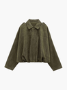 Faux suede bomber jacket in olive green featuring a structured collar, hidden front fastening and relaxed, easy-to-layer silhouette; a versatile outer layer for autumn and spring, pairing with denim, knits or tailored trousers.