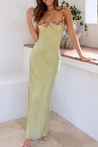 Floral satin-effect maxi dress featuring underwire cups, delicate embroidery along the bust and thin adjustable spaghetti straps. Soft, lightweight 100% polyester with a subtle sheen and a body-hugging, elongated silhouette ideal for weddings and evenings.