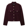 Lilly cropped jacket in deep burgundy featuring statement gold buttons, front flap pockets and a clean, collarless neckline. Soft yet structured woven fabric flatters the waist and layers over dresses, denim or tailoring for refined desk-to-dinner style.