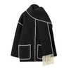 Vintage-inspired jacket in black or grey featuring an integrated scarf with fringe, contrast whipstitch edging, button front and large patch pockets. Relaxed straight silhouette in soft-touch fabric for cozy, stylish layering in cooler weather.