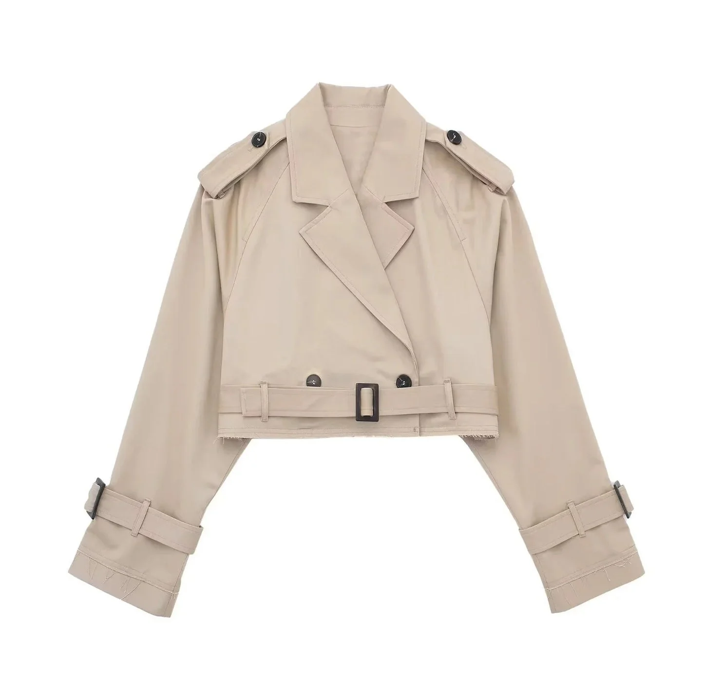 Cropped trench coat featuring a belted waist, subtle shoulder epaulettes, functional storm flap, cuff straps and deep front pockets. A hip-skimming, lightweight layer that pairs with high-waist trousers or dresses for effortless transitional styling.