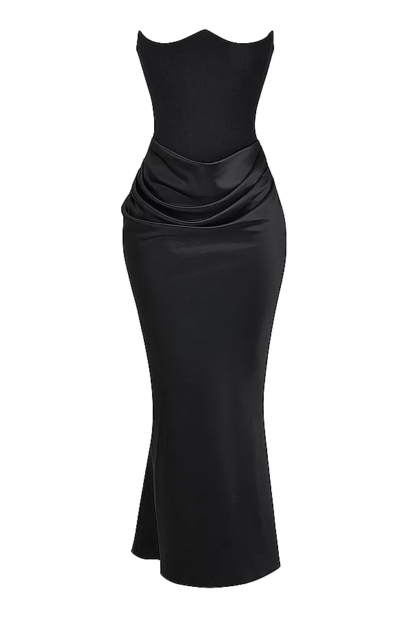 Madison corset maxi dress featuring a strapless structured bodice, soft draping at the hips and a body-skimming column silhouette. Lined for smooth coverage with gentle stretch that molds to the body. Composition: Cotton, Satin, Polyester, Elastane.