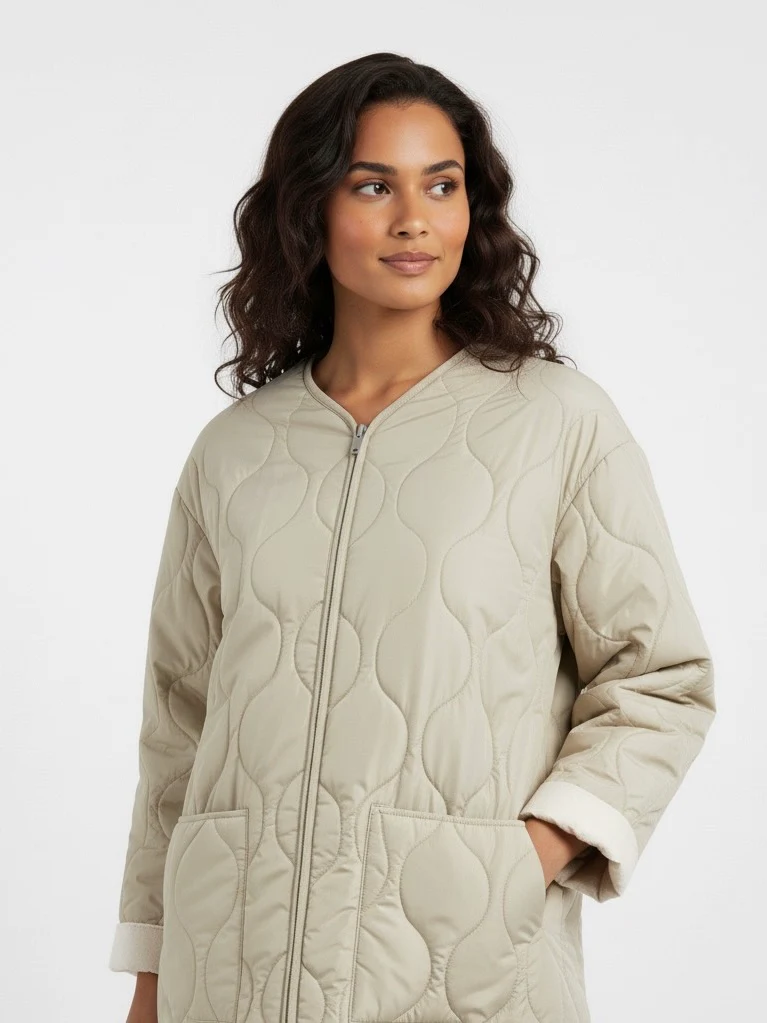 Soft beige quilted oversized jacket featuring wave-pattern stitching, rounded neckline, full front zip and two roomy front pockets. Polyester shell with lightweight fibre fill provides warmth without bulk and a relaxed drape for easy layering in cooler seasons.