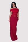 Off-shoulder mesh maxi dress featuring a ruched neckline, sheer waist accent and draped, sarong-like overlay over a column skirt. Body-skimming silhouette with pull-on ease, ideal for cocktails, soirées and chic summer events.