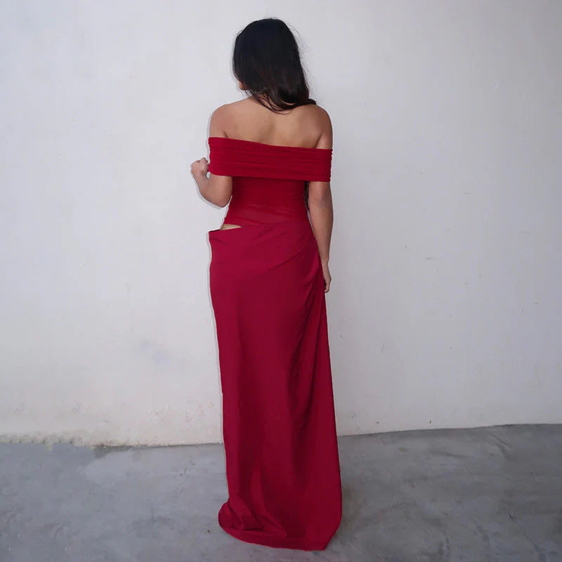 Off-shoulder mesh maxi dress featuring a ruched neckline, sheer waist accent and draped, sarong-like overlay over a column skirt. Body-skimming silhouette with pull-on ease, ideal for cocktails, soirées and chic summer events.