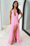 Margo halter maxi dress featuring a plunging V neckline, waist-defining band, invisible back zip, and double lining. Floor-length skirt with side slit for movement and allure, ideal for weddings, parties, and formal nights.