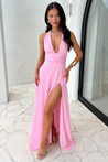 Margo halter maxi dress featuring a plunging V neckline, waist-defining band, invisible back zip, and double lining. Floor-length skirt with side slit for movement and allure, ideal for weddings, parties, and formal nights.