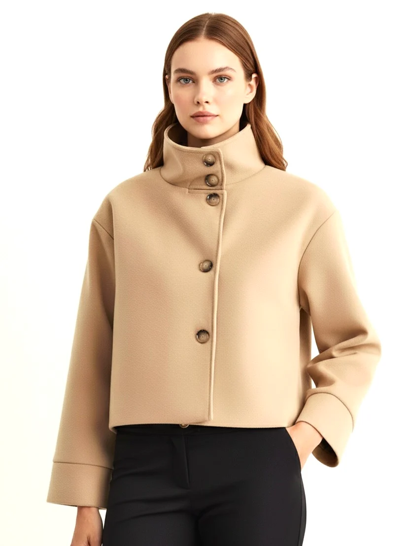 Martha High-Neck Wool-Blend Jacket featuring a structured stand collar, asymmetric button closure, smooth inner lining and a relaxed, slightly cropped silhouette. A warm yet polished layer that pairs with tailored trousers or high-waisted denim for transitional days.