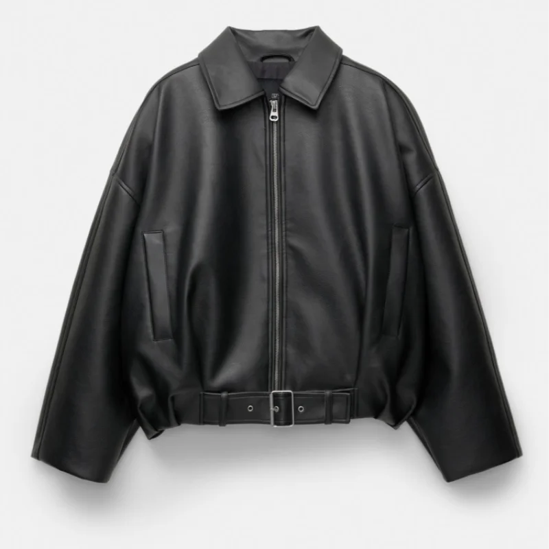 Mary Women’s Black Faux Leather Oversized Shirt Jacket with zip front, dropped shoulders and soft lining; relaxed silhouette for layering as a shirt or light jacket; minimalist design for versatile day-to-night styling.