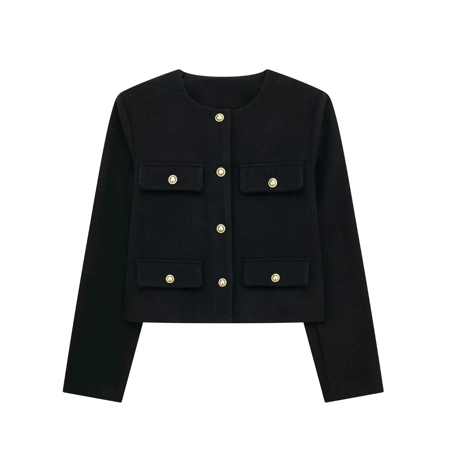 Vintage-inspired cropped jacket in a clean, round-neck design, finished with gold-tone buttons and four flap pockets. Tailored, waist-skimming silhouette in softly structured fabric adds a refined layer over dresses, denim or high-waisted trousers.