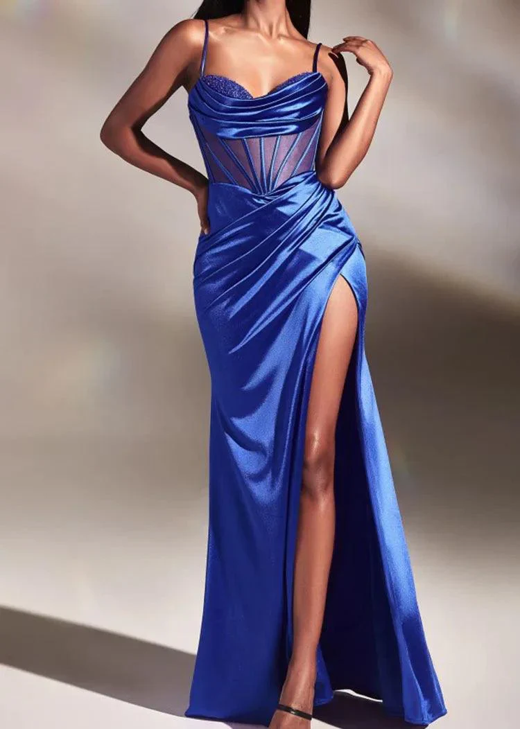 Moana satin-effect draped maxi dress featuring slim straps, a body-contouring silhouette and an elegant thigh slit. Lightweight drape flatters without showing folds, with elastane for a comfortable fit. Composition: Cotton, Satin, Polyester, Elastane.