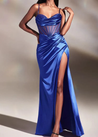 Moana satin-effect draped maxi dress featuring slim straps, a body-contouring silhouette and an elegant thigh slit. Lightweight drape flatters without showing folds, with elastane for a comfortable fit. Composition: Cotton, Satin, Polyester, Elastane.