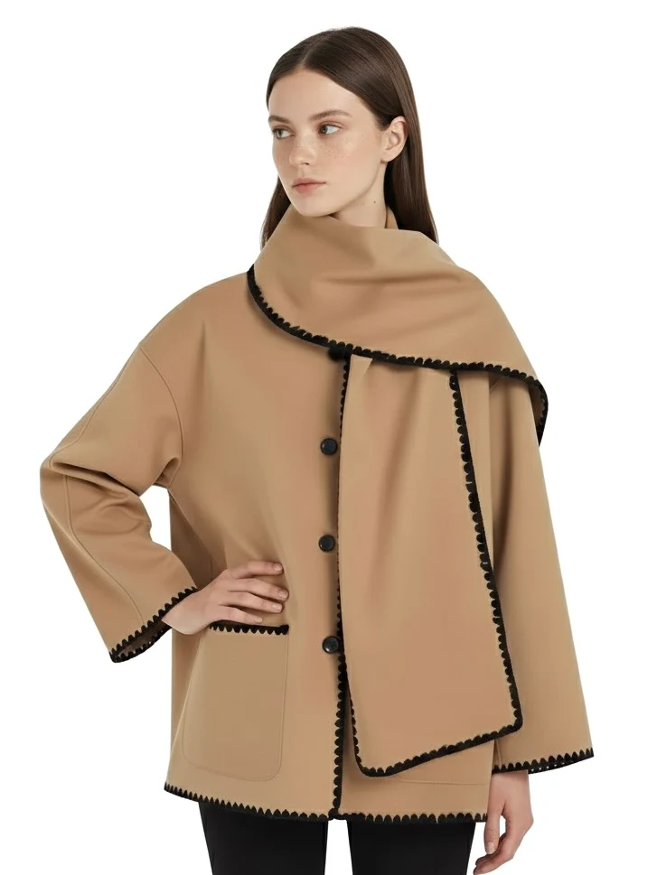 Nellie black wool-blend cape coat featuring a flowing silhouette with white contrast trim, front button fastening, practical side pockets and an attached oversized scarf collar. Warm, elegant outer layer that drapes over denim, knitwear or evening looks.