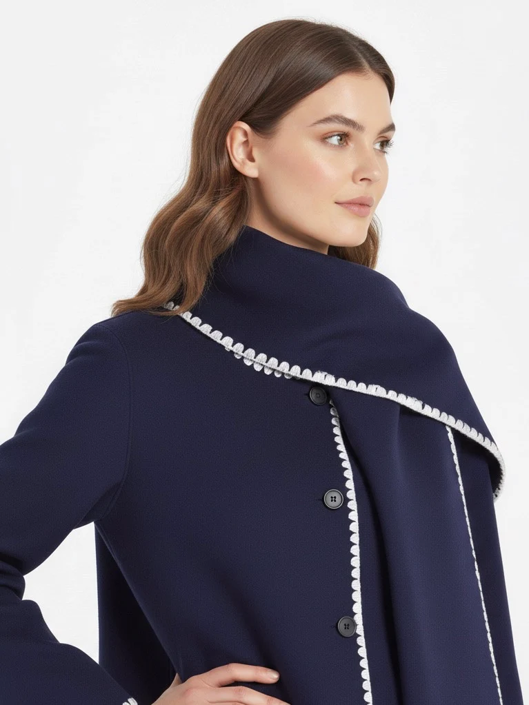 Nellie black wool-blend cape coat featuring a flowing silhouette with white contrast trim, front button fastening, practical side pockets and an attached oversized scarf collar. Warm, elegant outer layer that drapes over denim, knitwear or evening looks.