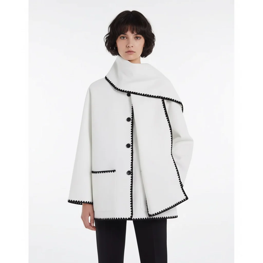 Nellie black wool-blend cape coat featuring a flowing silhouette with white contrast trim, front button fastening, practical side pockets and an attached oversized scarf collar. Warm, elegant outer layer that drapes over denim, knitwear or evening looks.