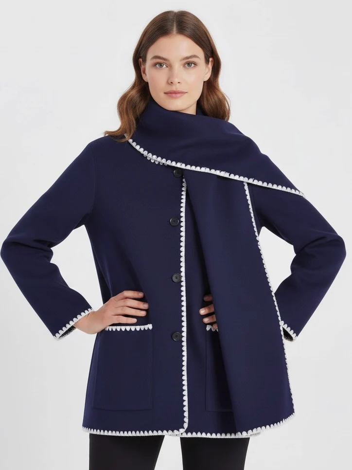 Nellie black wool-blend cape coat featuring a flowing silhouette with white contrast trim, front button fastening, practical side pockets and an attached oversized scarf collar. Warm, elegant outer layer that drapes over denim, knitwear or evening looks.