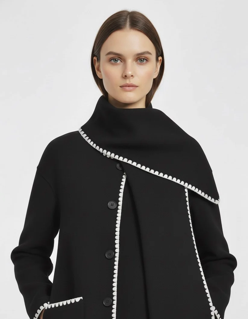 Nellie black wool-blend cape coat featuring a flowing silhouette with white contrast trim, front button fastening, practical side pockets and an attached oversized scarf collar. Warm, elegant outer layer that drapes over denim, knitwear or evening looks.