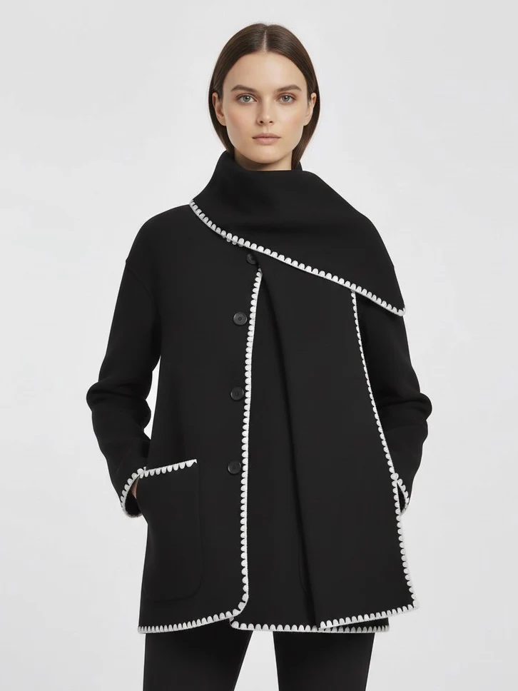 Nellie black wool-blend cape coat featuring a flowing silhouette with white contrast trim, front button fastening, practical side pockets and an attached oversized scarf collar. Warm, elegant outer layer that drapes over denim, knitwear or evening looks.