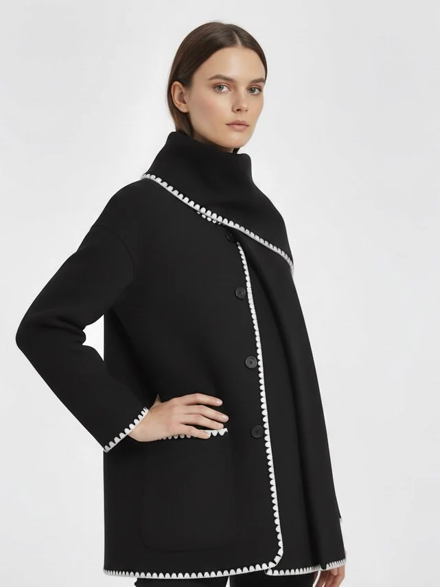 Nellie black wool-blend cape coat featuring a flowing silhouette with white contrast trim, front button fastening, practical side pockets and an attached oversized scarf collar. Warm, elegant outer layer that drapes over denim, knitwear or evening looks.
