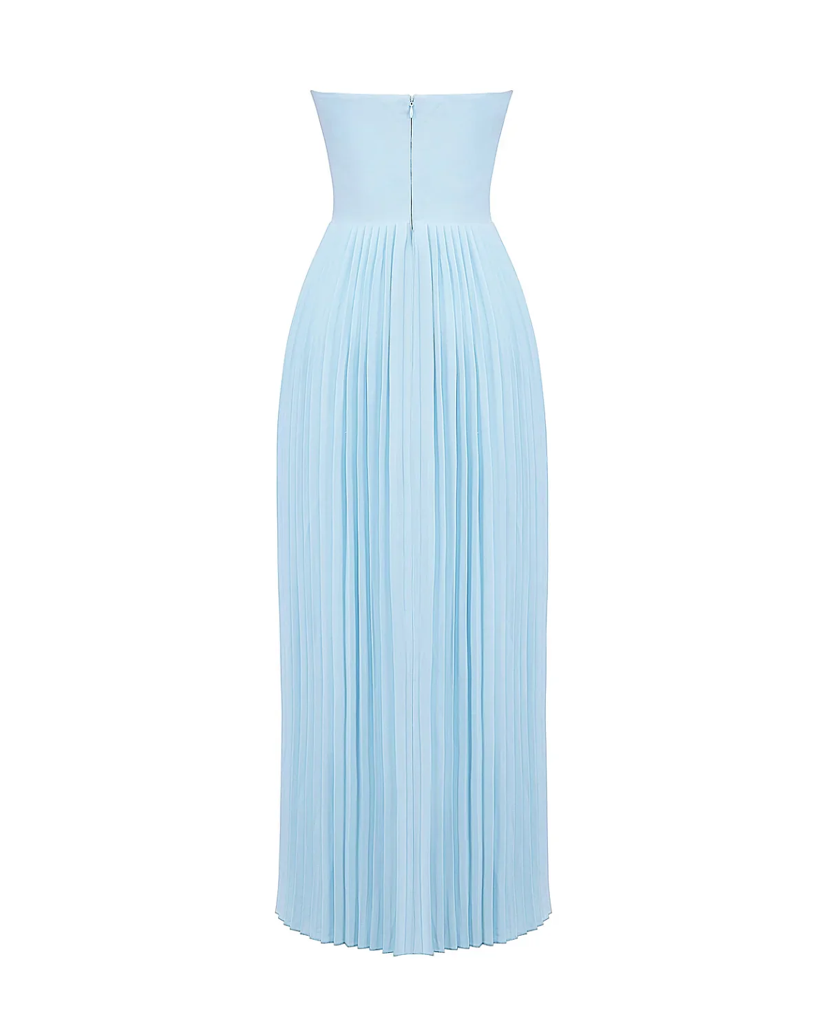 Nerina strapless pleated maxi dress with a structured bustier and seashell-pleated cups, fitted waist, and flowing pleated skirt. Soft, lightweight 100% polyester with subtle shine, ideal for resort dinners, beach weddings, and summer events.